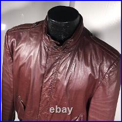 Vtg Men Burgundy Leather Biker Jacket Motorcycle Hooded CAFE RACER MoTo Coat 44