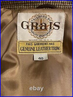 Vtg Tailored By Grais Quality Sportswear Tweed Overcoat Jacket 40 Leather