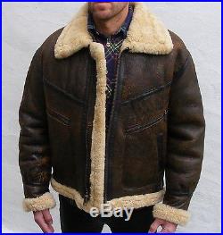 Vtg brown sheepskin leather flying jacket 40 medium mens flight rockabilly biker