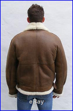Vtg brown tan sheepskin shearling leather flying jacket large mens biker