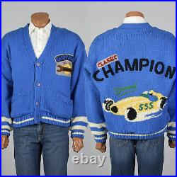 XL 1990s Mens Knit Novelty Coat VTG Blue Plush Lining Race Car Sweater Jacket